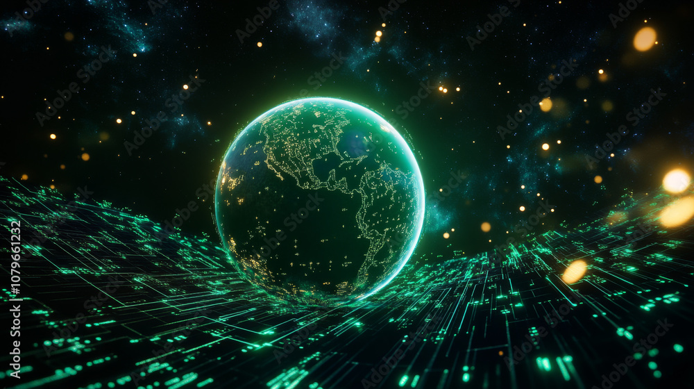 digital diagram featuring futuristic planet with glowing elements, showcasing vibrant green Earth surrounded by cosmic background. scene evokes sense of advanced technology and exploration