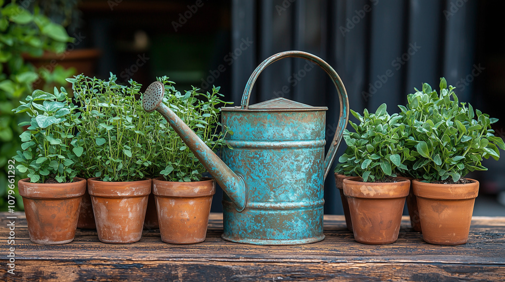Rustic Charm: A weathered teal watering can sits amidst terracotta pots brimming with vibrant herbs, creating a scene of idyllic gardening tranquility. Rustic Charm: A weathered teal watering can sits amidst terracotta pots brimming with vibrant herbs, creating a scene of idyllic gardening tranquility.