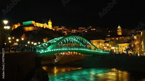 A vibrant night scene of a bridge illuminated in green, with a historic fortress in the background.