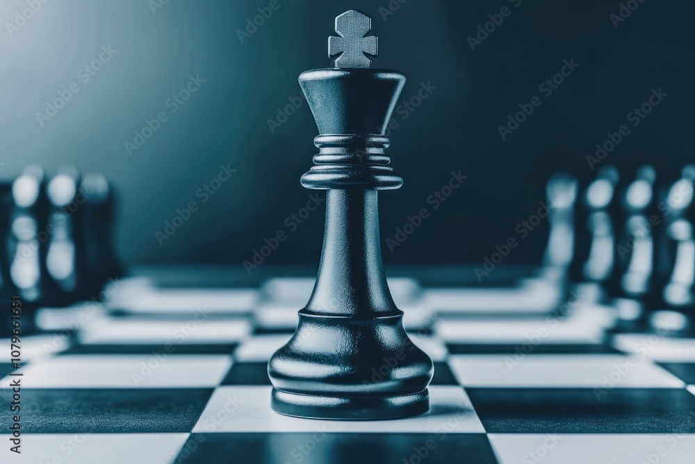 Black chess king piece on a chessboard with other pieces in the background. Black chess king piece on a chessboard with other pieces in the background.
