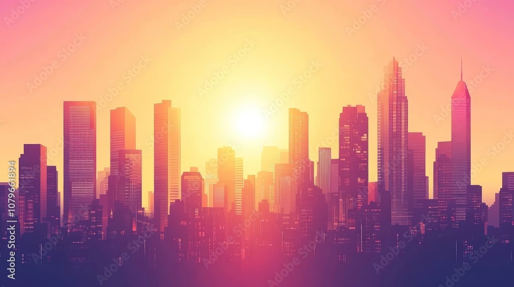 A vibrant city skyline at sunset, showcasing silhouettes of tall buildings against a colorful sky. A vibrant city skyline at sunset, showcasing silhouettes of tall buildings against a colorful sky.