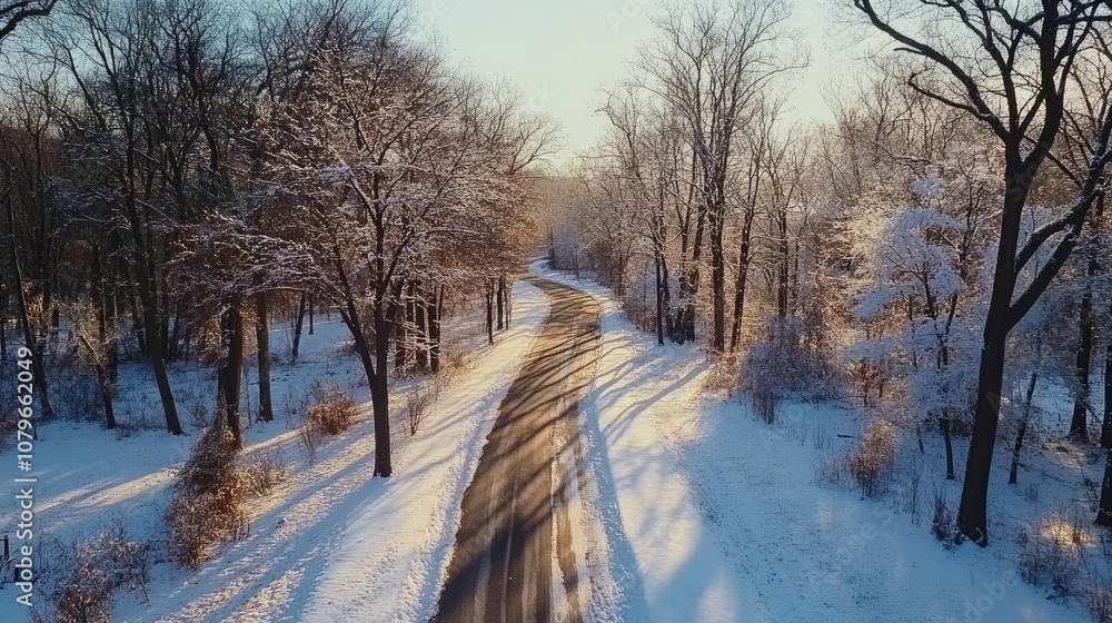 Fototapeta premium Scenic Winter Road in Snow-Covered Forest with Sunlight, Captivating Aerial View of Serene Landscape and Beautiful Nature in Cold Season