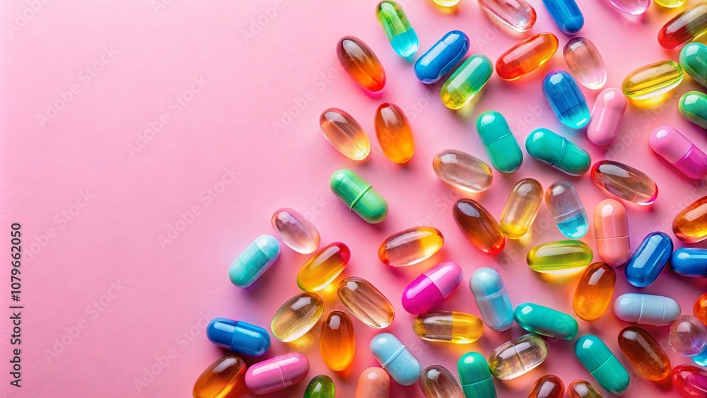 A vibrant array of colorful capsules scattered across a soft pink background, showcasing the diversity of medication and supplements A vibrant array of colorful capsules scattered across a soft pink background, showcasing the diversity of medication and supplements