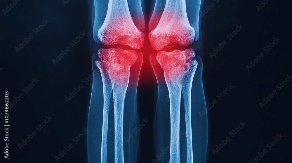 Detailed knee x ray image displaying joint inflammation osteoarthritis and other skeletal issues This medical diagnostic scan can be used for healthcare research and treatment purposes Detailed knee x ray image displaying joint inflammation osteoarthritis and other skeletal issues This medical diagnostic scan can be used for healthcare research and treatment purposes