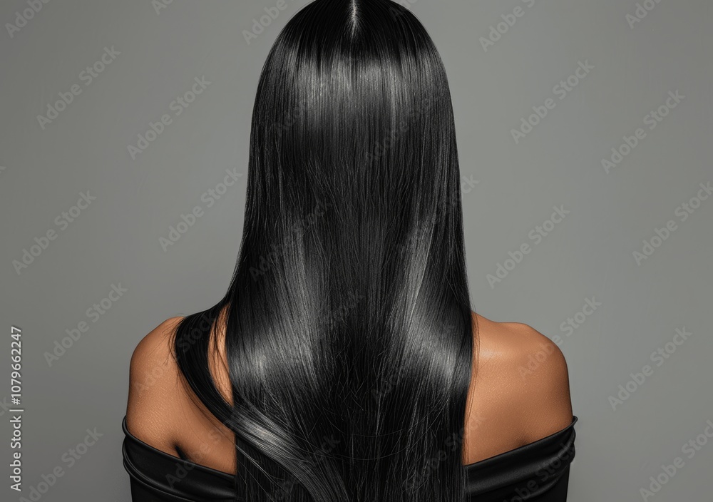 Fototapeta premium Beautiful Woman with Long Black Straight Hair from Back View
