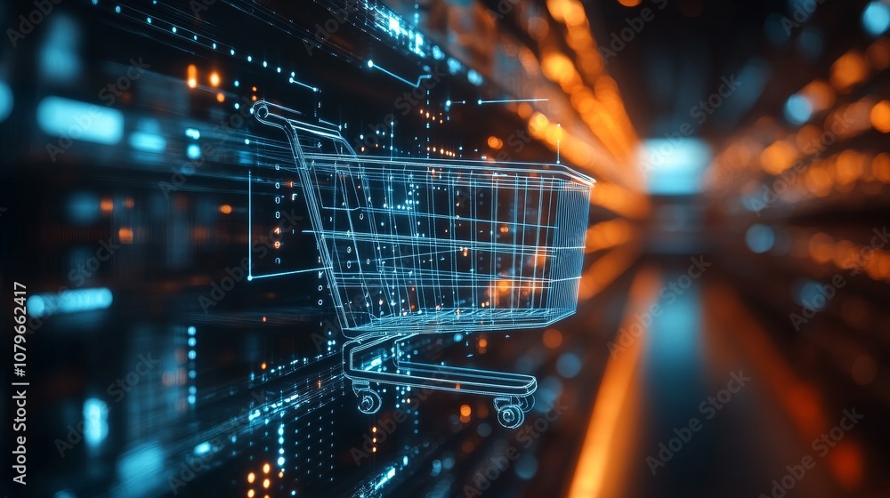 The digital network includes shopping cart, office, and supermarket icons, representing online grocery and e-commerce business technologies. Abstract concept of sales data analysis The digital network includes shopping cart, office, and supermarket icons, representing online grocery and e-commerce business technologies. Abstract concept of sales data analysis