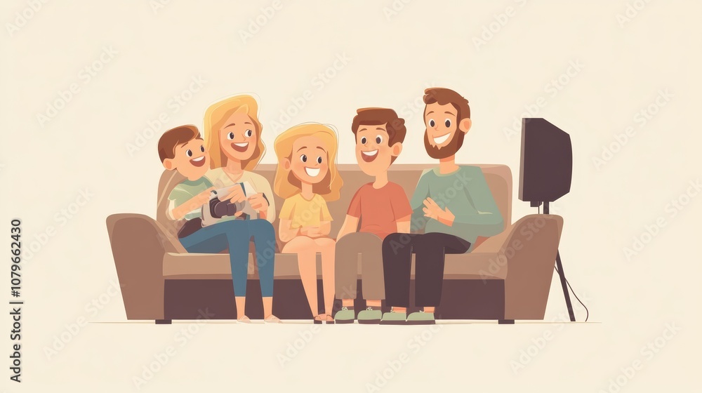 Smiling Caucasian family sitting on the couch and watching a comedy on the TV Smiling Caucasian family sitting on the couch and watching a comedy on the TV