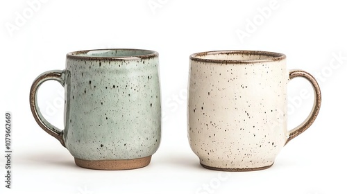 Two artisanal ceramic mugs showcasing unique textures, perfect for coffee or tea enthusiasts on a white isolated background. photo