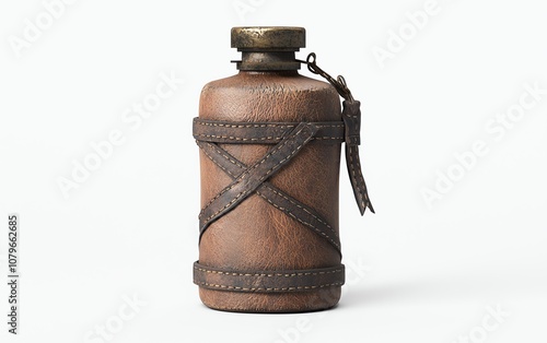 Vintage brown leather wrapped bottle with a metal lid and strap, isolated on a white background. photo