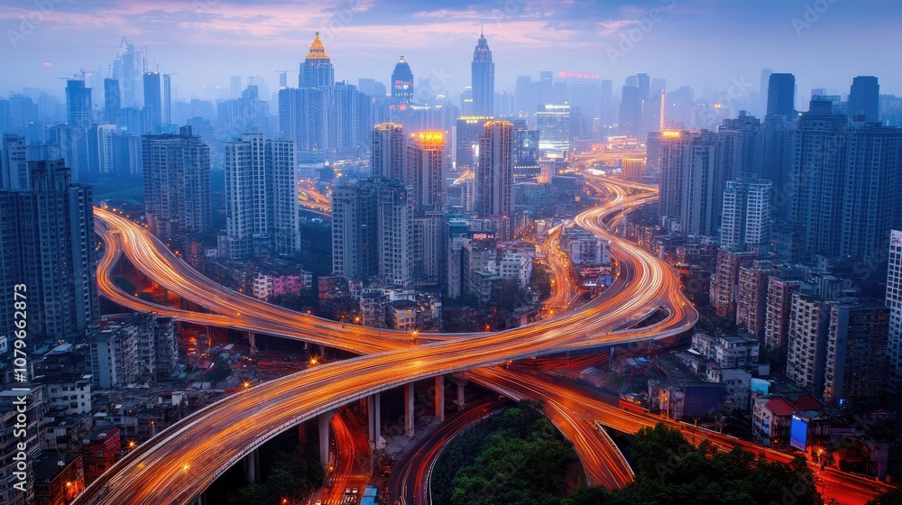 Urban Cityscape at Dusk with Vibrant Lights and Busy Highways Intersecting Over Modern Skyline in a Metropolis Urban Cityscape at Dusk with Vibrant Lights and Busy Highways Intersecting Over Modern Skyline in a Metropolis