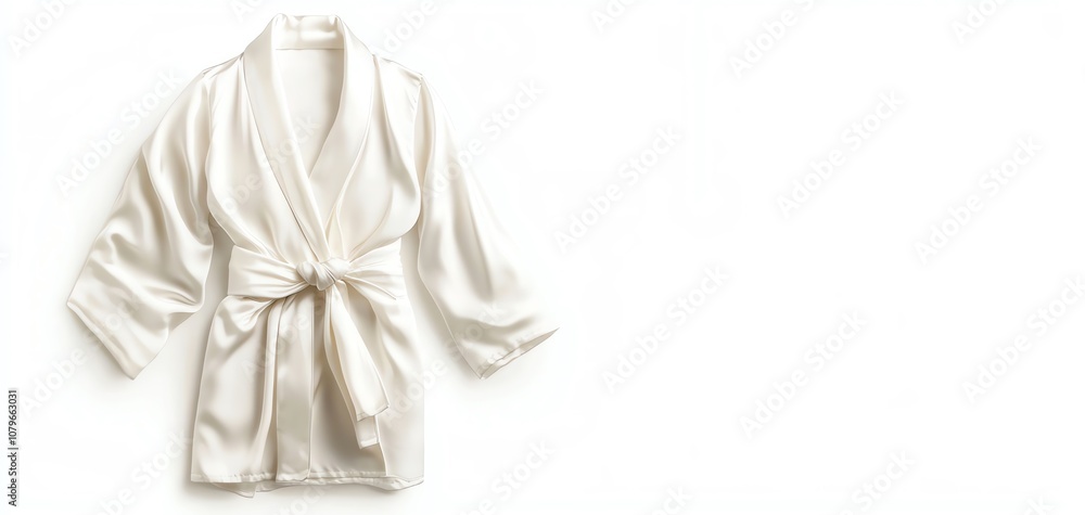 Elegant white silk robe with a tie, perfect for relaxation and comfort, isolated on a white background. Elegant white silk robe with a tie, perfect for relaxation and comfort, isolated on a white background.