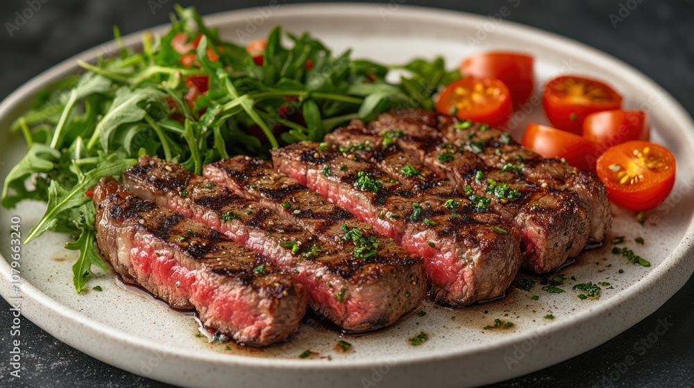 Grilled steak with cherry tomatoes and arugula on white plate. Grilled steak with cherry tomatoes and arugula on white plate.
