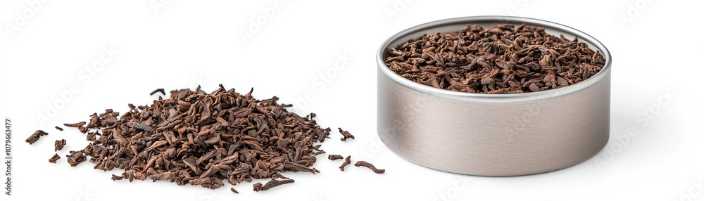 Dried tea leaves spilling from a tin container on a white isolated background. Dried tea leaves spilling from a tin container on a white isolated background.