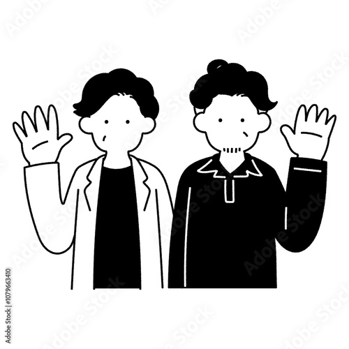 横に並んで手を振る中高年の仲良しペア[男性]の単色イラスト
