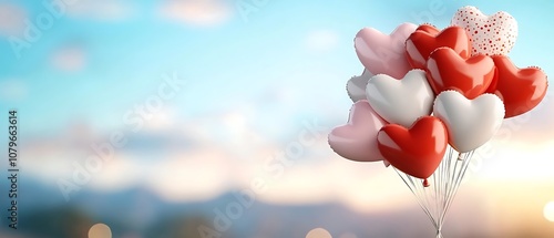 Floating heart shaped balloons in various shades of red and pink against a beautiful sunset sky symbolizing love romance and for a special occasion like Valentine s Day wedding anniversary photo