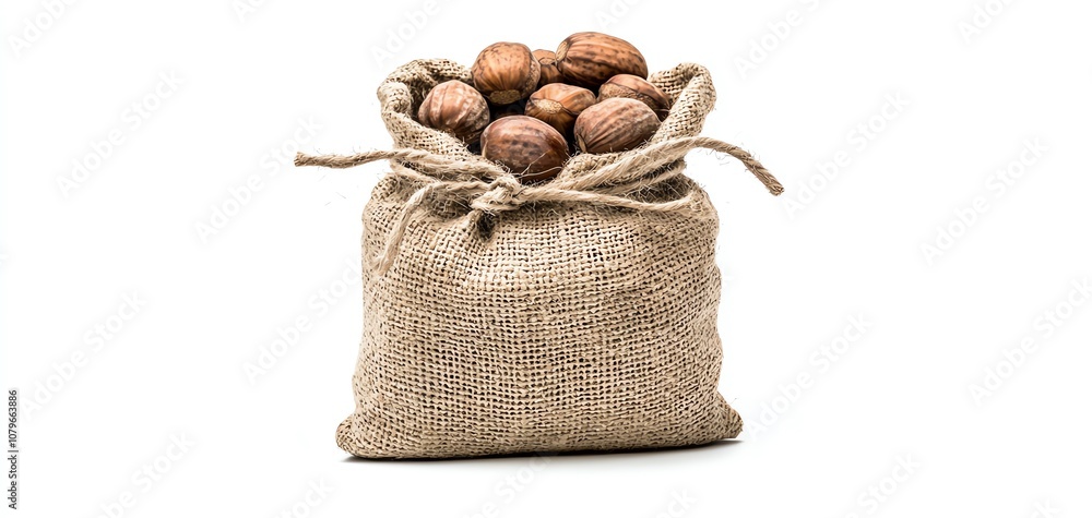A burlap sack filled with fresh walnuts, isolated on a white background. A burlap sack filled with fresh walnuts, isolated on a white background.