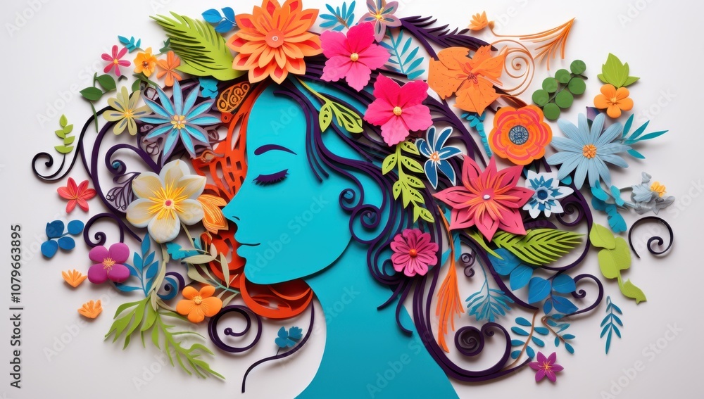 Fototapeta premium Paper Cutout Portrait of a Woman Surrounded by Flowers