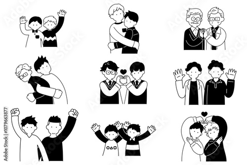 多世代の仲良しペア[男性]の単色イラスト(セット)
