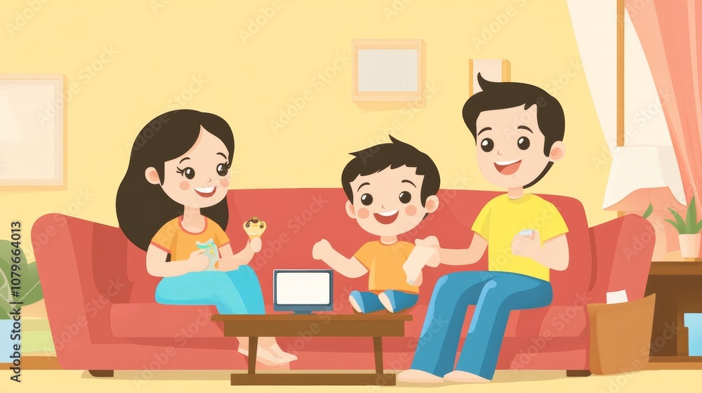 Smiling Caucasian family sitting on the couch and watching a comedy on the TV Smiling Caucasian family sitting on the couch and watching a comedy on the TV