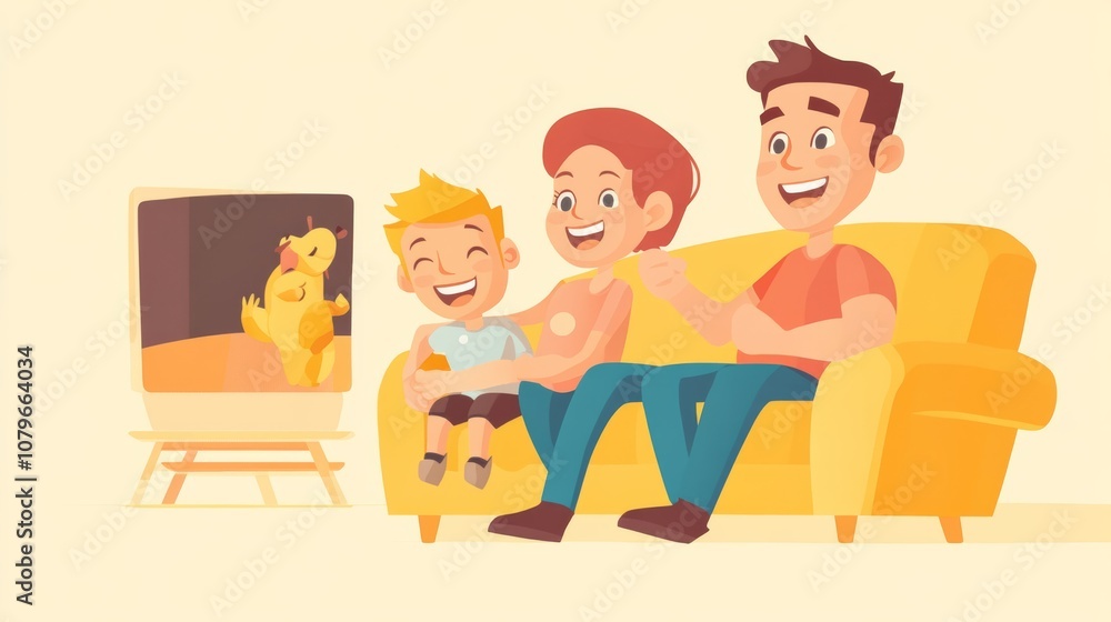 Smiling Caucasian family sitting on the couch and watching a comedy on the TV Smiling Caucasian family sitting on the couch and watching a comedy on the TV