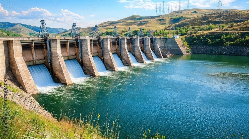 A dam with a hydroelectric power station, showing the infrastructure and turbines A dam with a hydroelectric power station, showing the infrastructure and turbines