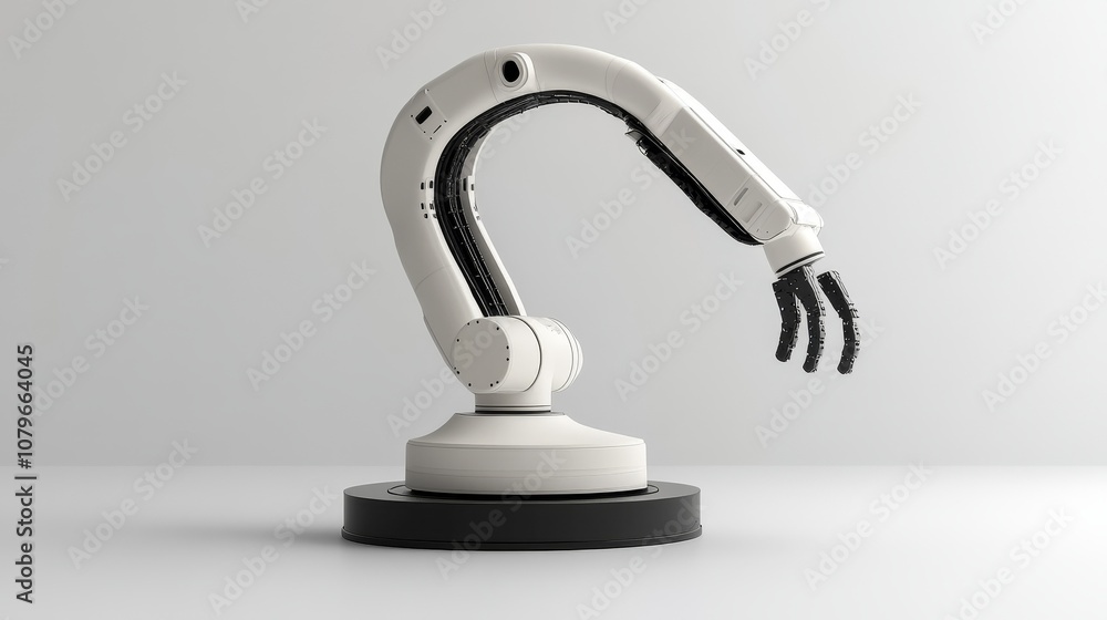 The white industrial robot arm is installed on a black base with a clean white background, showcasing modern automation technology and mechanical engineering The white industrial robot arm is installed on a black base with a clean white background, showcasing modern automation technology and mechanical engineering