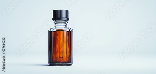 Amber glass bottle with black cap displaying rich liquid against white background.