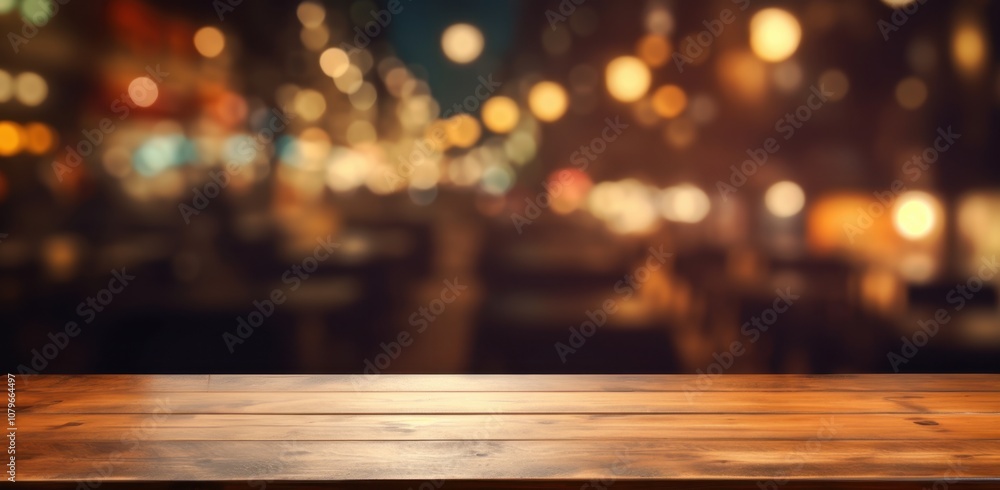 Empty Wooden Tabletop with Blurred Golden Lights Background Empty Wooden Tabletop with Blurred Golden Lights Background
