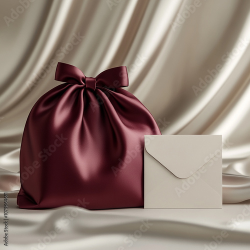 Rendered photo of a giftbag made of expensive  material and envelope, off-white satin material in the background made with generative AI photo