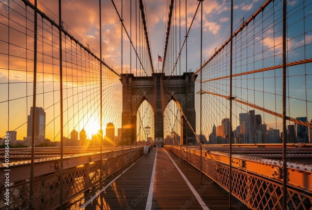 Fototapeta premium Brooklyn Bridge Walkway at Sunset with Golden Light and City Skyline