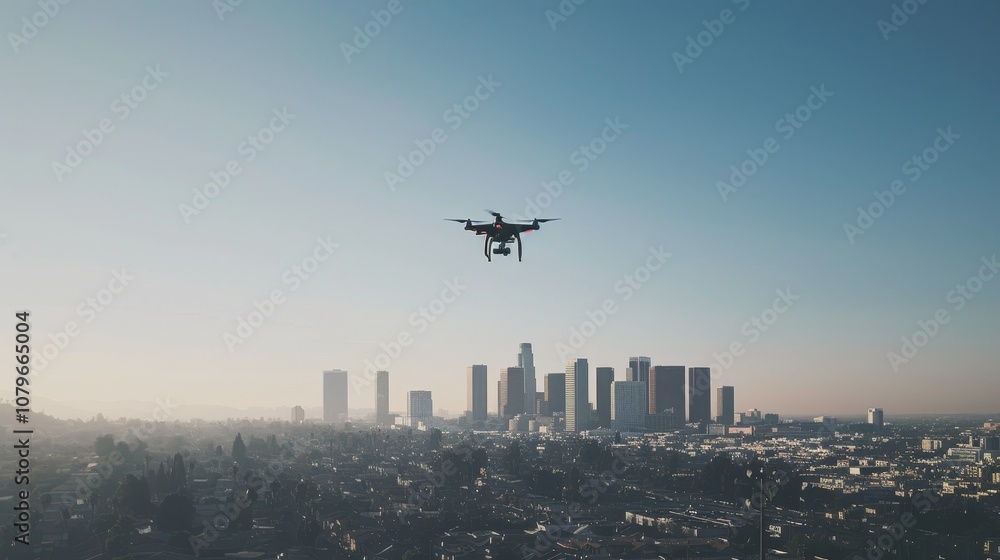 Aerial view of city skyline with drone casting shadow over buildings, empty streets symbolizing state of alert. Aerial view of city skyline with drone casting shadow over buildings, empty streets symbolizing state of alert.