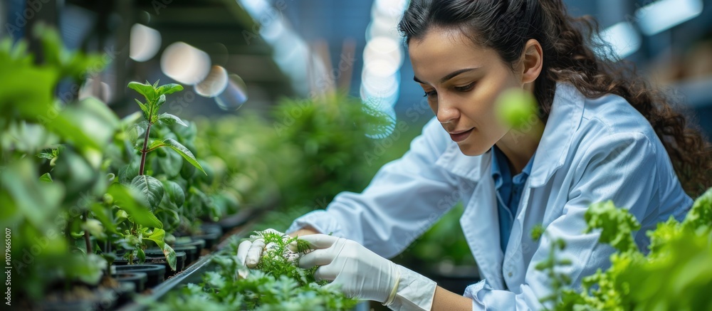 Young Woman Examining Plants in a Greenhouse Young Woman Examining Plants in a Greenhouse