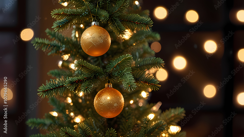 close-up image of a Christmas tree illuminated by the warm glow of sunset light streaming through a nearby window close-up image of a Christmas tree illuminated by the warm glow of sunset light streaming through a nearby window