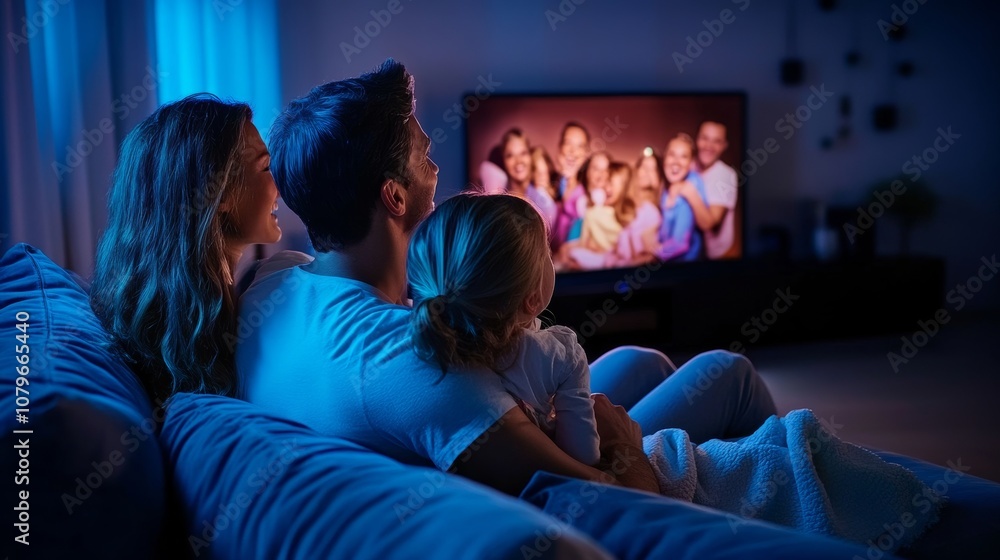 Smiling Caucasian family sitting on the couch and watching a comedy on the TV Smiling Caucasian family sitting on the couch and watching a comedy on the TV