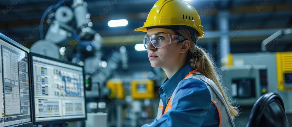 Woman Working on a Computer in a Factory Setting Woman Working on a Computer in a Factory Setting