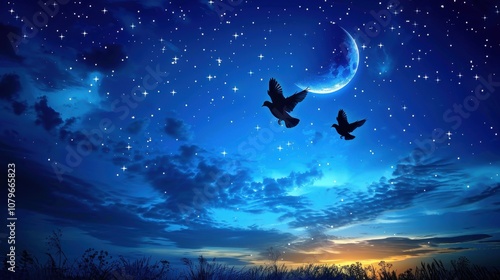 Two Birds Flying in the Night Sky with a Crescent Moon