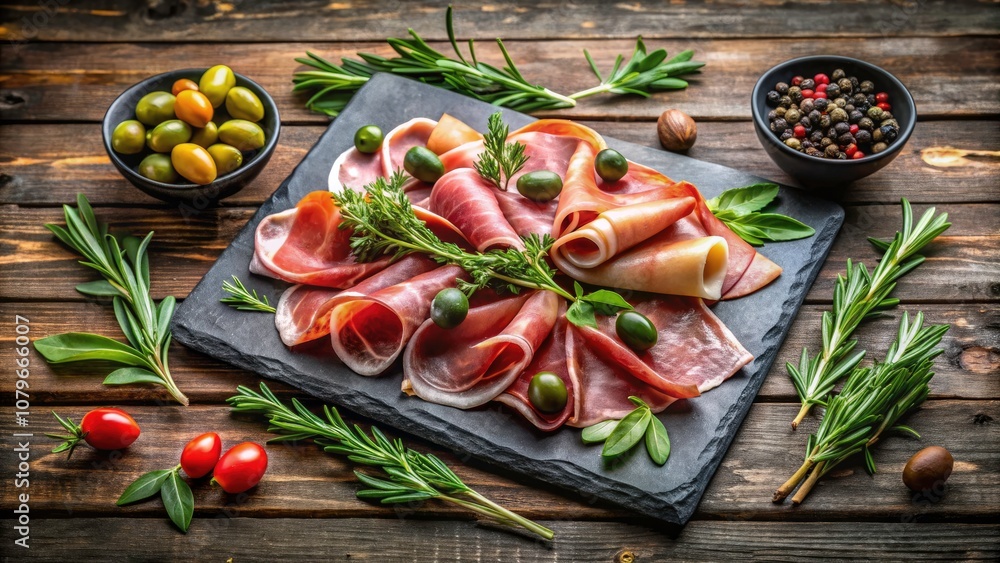 Cured Ham and Olives Appetizer on Slate Board | Gourmet Food Photography, Charcuterie Board, Mediterranean Cuisine, Elegant Dining, Appetizer Platter, Food Styling, Rustic Table, Tapas Experience Cured Ham and Olives Appetizer on Slate Board | Gourmet Food Photography, Charcuterie Board, Mediterranean Cuisine, Elegant Dining, Appetizer Platter, Food Styling, Rustic Table, Tapas Experience