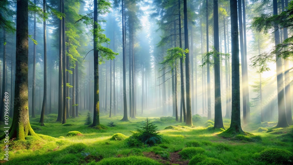 Naklejka premium Golden Light Illuminating a Mystical Forest Landscape with Sunlight Streaks Filtering Through the Mist and Tall Trees