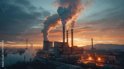 Industrial Sunset with Smoke Plumes