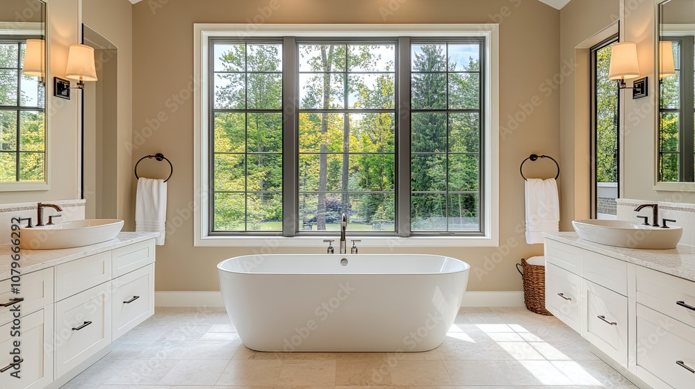 Interior of a luxurious home bathroom featuring a panoramic window, two sinks, and accessories Interior of a luxurious home bathroom featuring a panoramic window, two sinks, and accessories