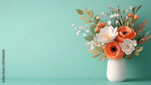 Elegant floral bouquet arrangement of pink white and orange flowers in a ceramic vase set against a vibrant turquoise green background  The bouquet features various blooms like roses ranunculus photo