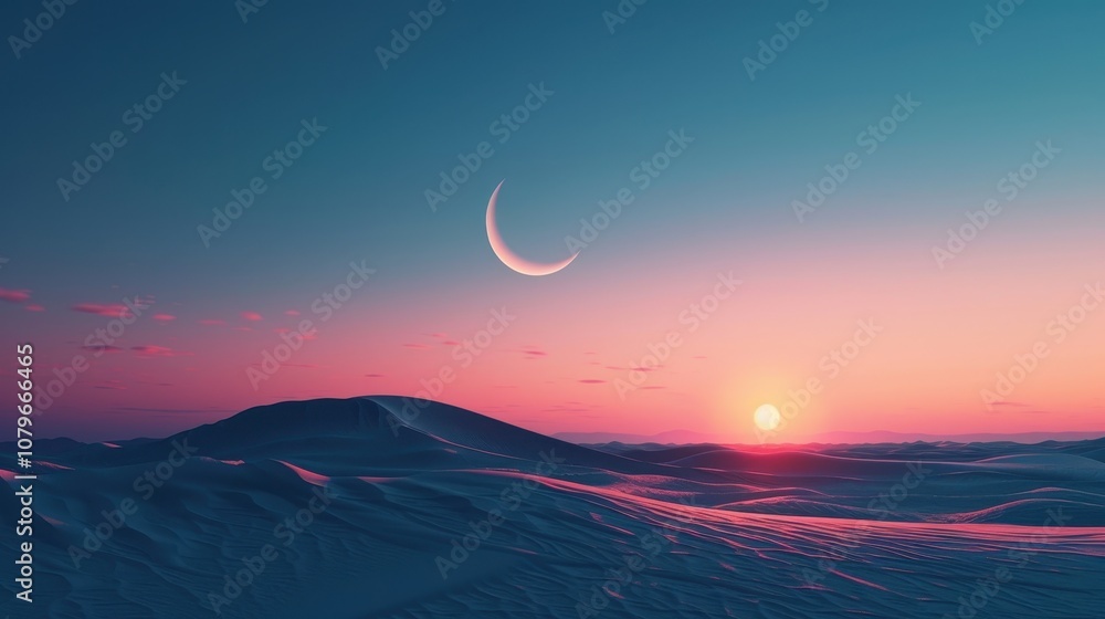 Sunset Over Desert Dunes with Crescent Moon Sunset Over Desert Dunes with Crescent Moon