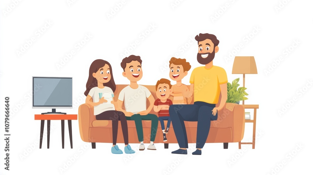 Smiling Caucasian family sitting on the couch and watching a comedy on the TV Smiling Caucasian family sitting on the couch and watching a comedy on the TV