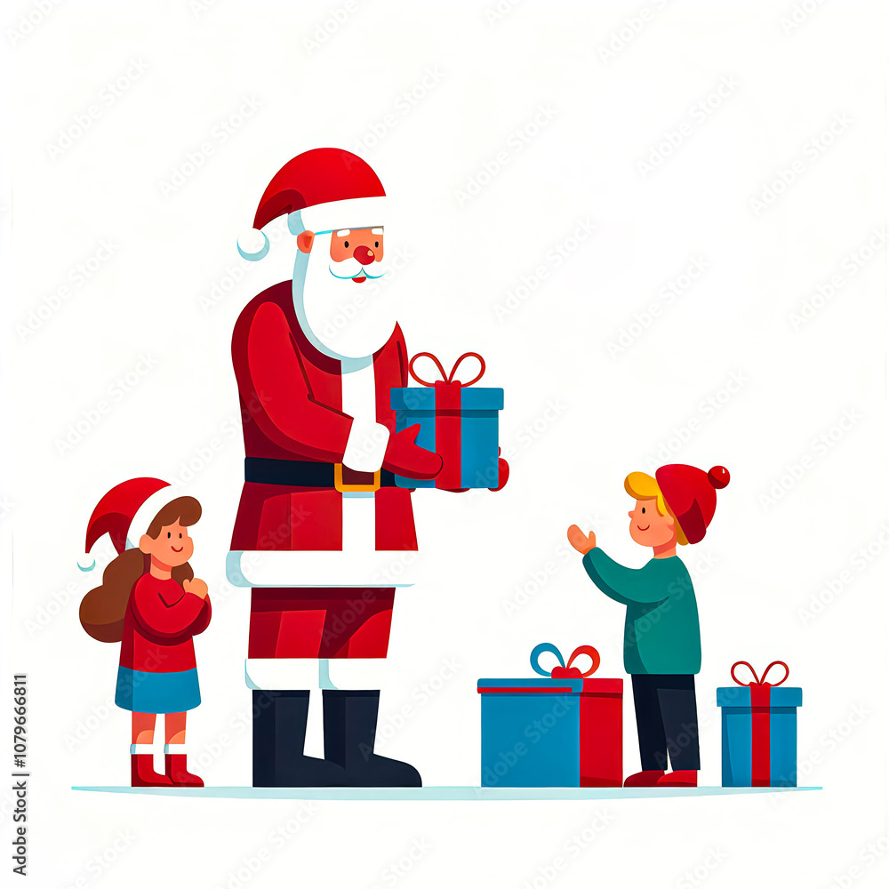 Vector illustration of Santa Claus giving gifts to children on Christmas day on white background. Vector illustration of Santa Claus giving gifts to children on Christmas day on white background.