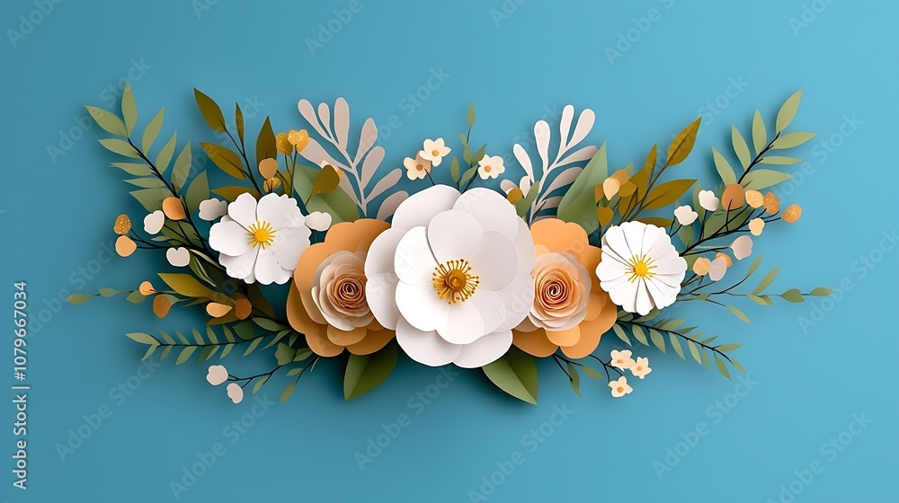 Obraz premium Stunning floral arrangement with white peach and yellow flowers and lush greenery displayed against a vibrant blue background The composition has a natural romantic and elegant aesthetic
