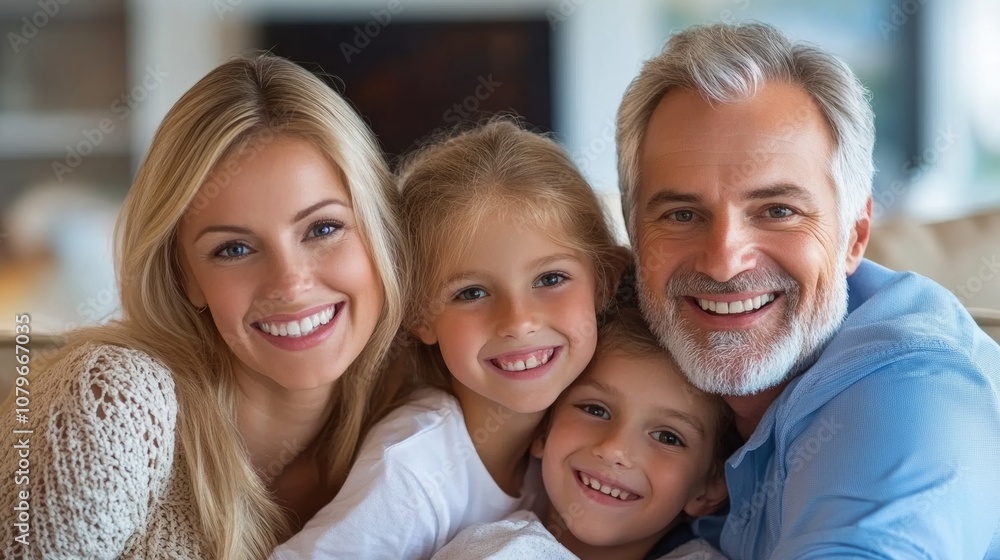 Smiling Caucasian family sitting on the couch and watching a comedy on the TV Smiling Caucasian family sitting on the couch and watching a comedy on the TV