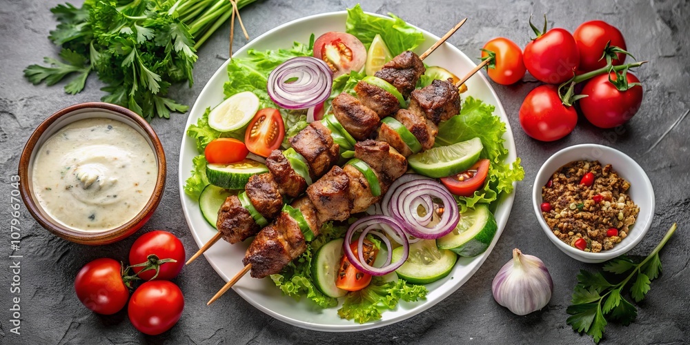 Grilled Meat Skewers with Fresh Salad and Dipping Sauces Grilled Meat Skewers with Fresh Salad and Dipping Sauces