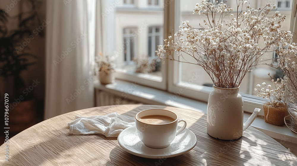 Morning Coffee by the Window: Sunlight streams through a window, illuminating a cozy scene with a cup of coffee, dried flowers, and soft textiles. A perfect image for evoking feelings of warmth. Morning Coffee by the Window: Sunlight streams through a window, illuminating a cozy scene with a cup of coffee, dried flowers, and soft textiles. A perfect image for evoking feelings of warmth.