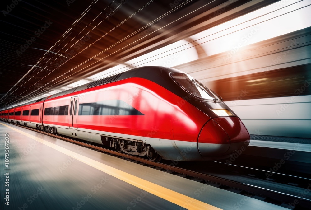 Fototapeta premium Red High-Speed Train Departing a Station
