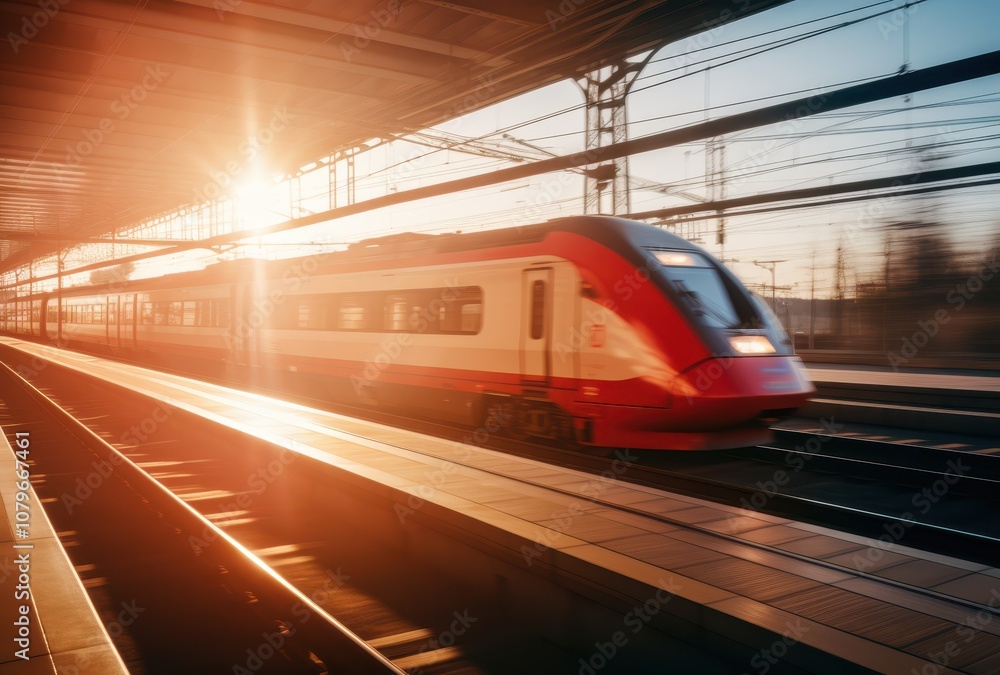Fototapeta premium Red Train Departing Station Platform at Sunset